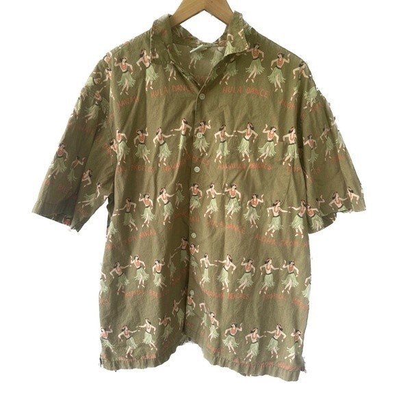 Old Navy Men's 100% Cotton Hula Girl Hawaiian Vacation Button Down Shirt XL - Picture 1 of 4